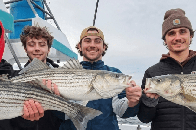 Four smiling people holding large fish on a boat deck.
