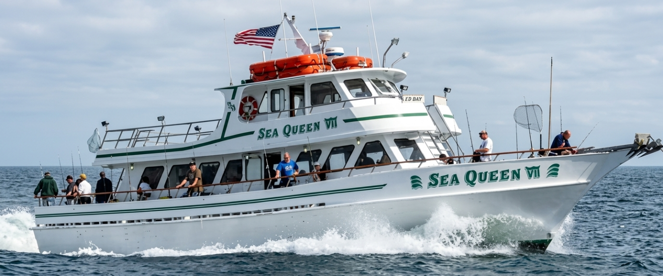 Passenger boat 'Sea Queen VII' cruising on open water with people on deck.