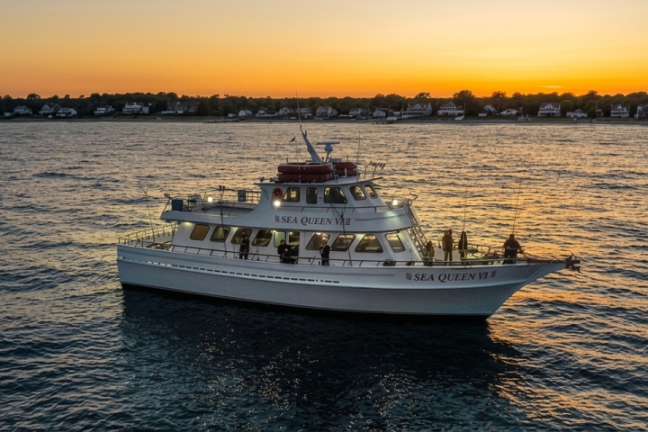 Boat on water at sunset with houses in background.