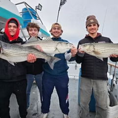 Four people standing with large striped fish on a boat.